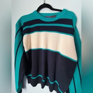 Vintage Traditionalist Teal Black Colorblock Sweater 90s Striped Knit
